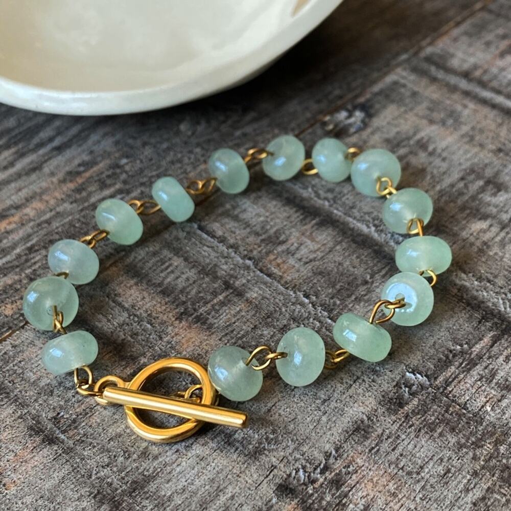 NEW Aquamarine Beaded Gold Toggle Bracelet